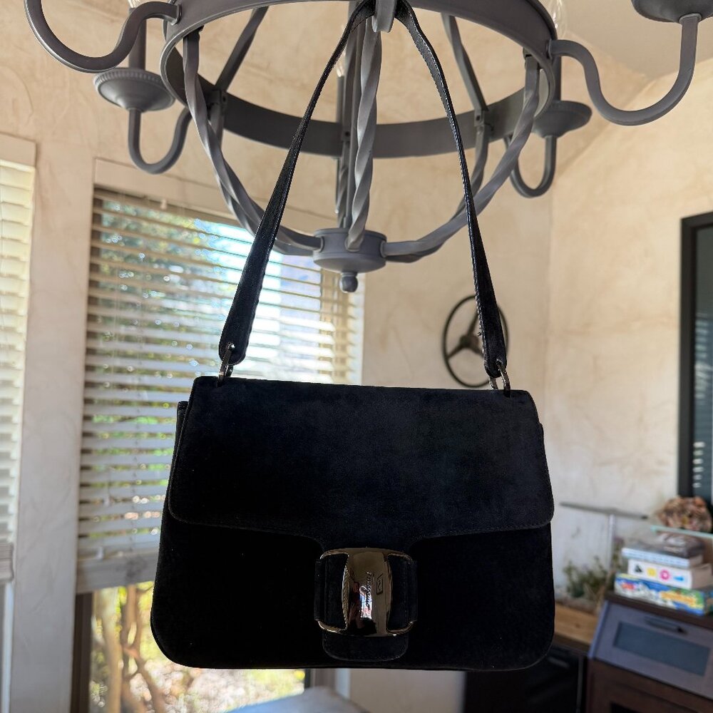 Salvatore Ferragamo Black Suede Top Flap Shoulder Bag, EUC